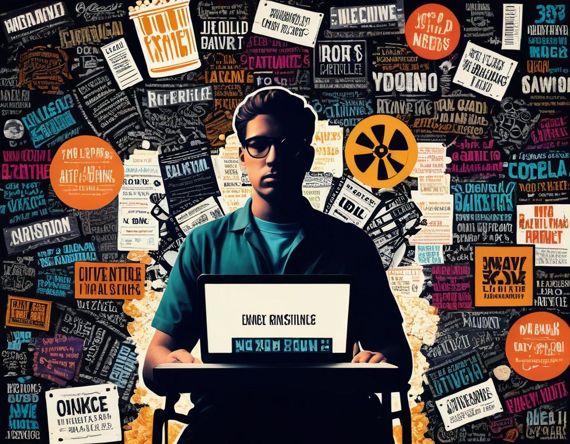 A cinematic collage featuring iconic film elements like a vintage film reel, a director's clapboard, and a pop corn bucket, surrounded by notable film quotes and colorful scenes from diverse genres. Include a silhouette of a blogger passionately writing with a laptop in the foreground, blending sophisticated film analysis vibes. cinematic, vibrant colors, 3D.