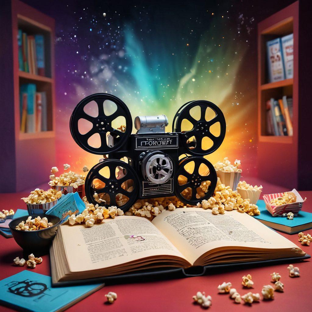 A cinematic scene showcasing a film reel unrolling into an open book, revealing vivid and dynamic movie moments coming to life as colorful illustrations on the pages. Incorporate elements like popcorn, film clapperboard, and creative doodles that represent different genres. The background should evoke a cozy reading nook with soft lighting and a touch of nostalgia. vibrant colors. super-realistic.