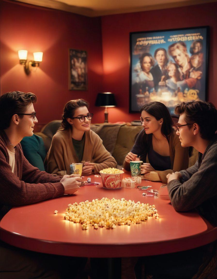 A cozy film discussion setting with a round table surrounded by diverse film enthusiasts animatedly talking, popcorn and movie posters in the background. Warm lighting enhances the intimate atmosphere, with thought bubbles illustrating diverse film genres around them. Capture the excitement of dialogue and camaraderie in the scene. vibrant colors. super-realistic.